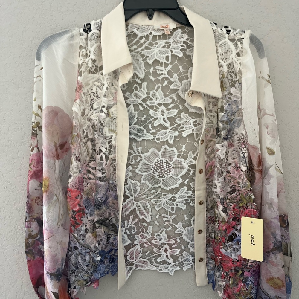 Peach Floral Lace Blouse with Cream Accents
